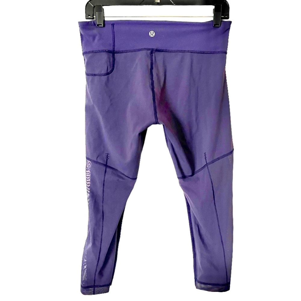LuluLemon Cropped Purple Tights with Sheer Mesh Insets on Calves 8